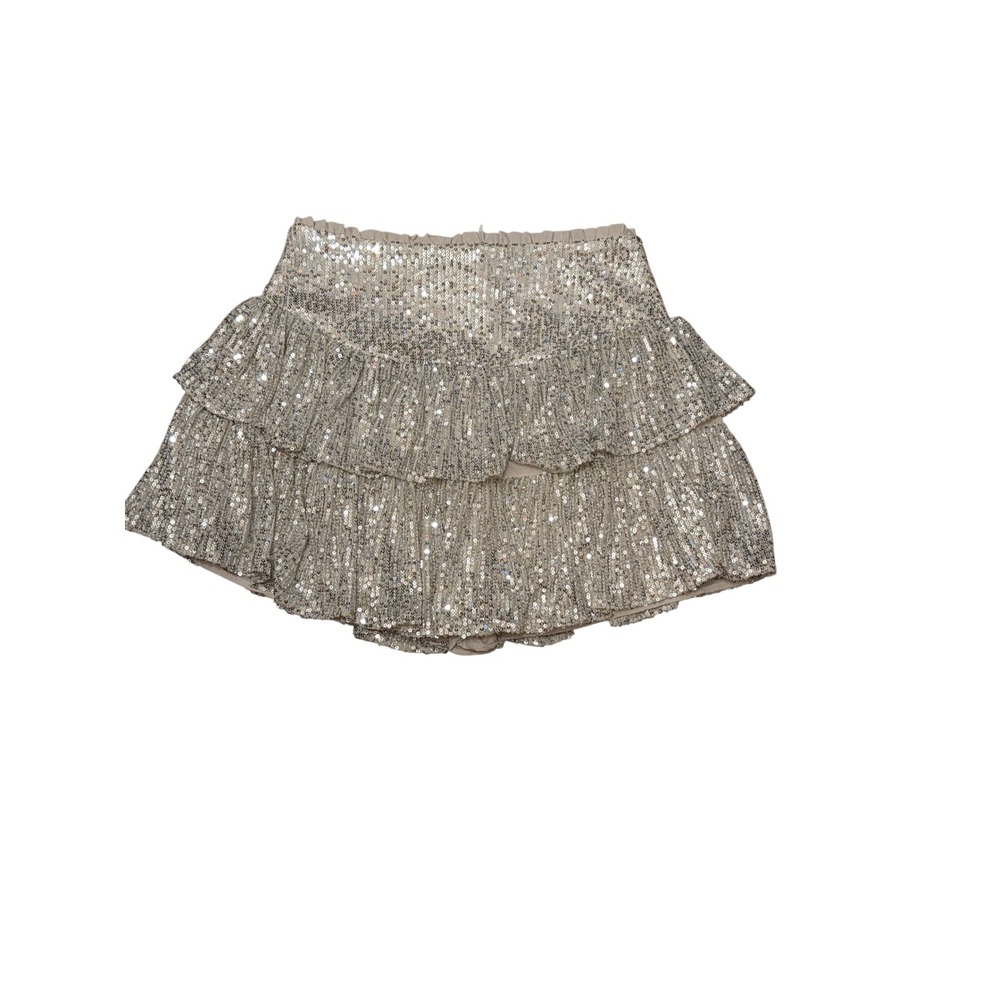 LAVISH Fusca Rosa Sequin Tiered Ruffle Mini Skort Silver Party Glam M